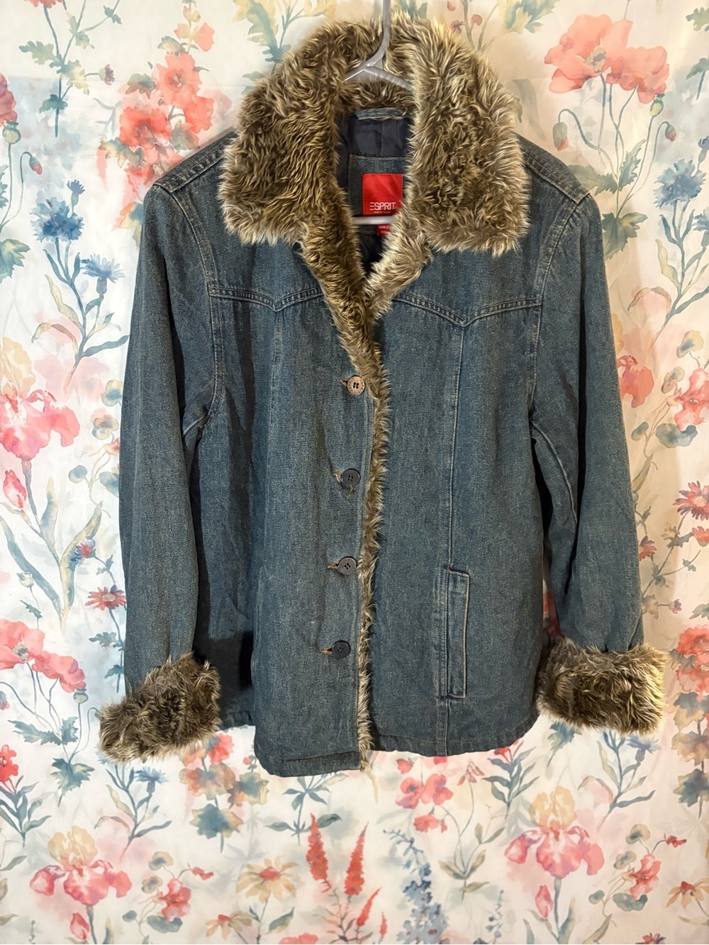 Vintage Esprit Women's Denim Jacket with Faux Fur Trim - Blue